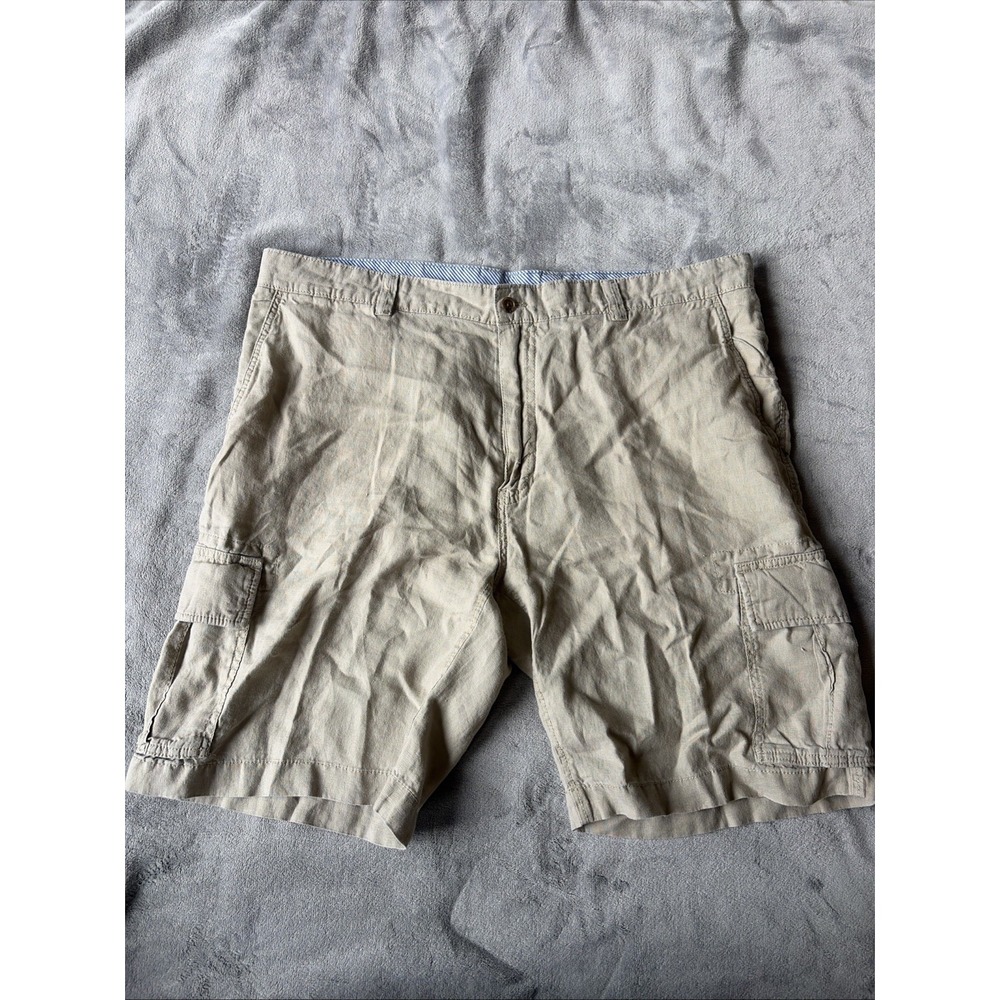 Cremieux 100% Linen Cargo Shorts Men's Size 40 Tan Beige Flat Front Casual Prep